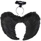 Sunshine smile Engelsflügel Schwarz,Engel Kostüm Damen mit Heiligenschein,Engel Flügel,Kostüm Engel,Schwarz Flügel Mädchen,Engelsflügel Deko,Federflügel Engel,Engels Flügel Kostü