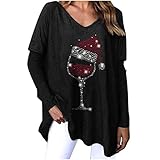 Langarmshirt Damen Weihnachtspullover Lässiges Sweatshirts Oversized Langarm Pullover Mode Lockere Bluse Tunika Herbst Winter Leichter Sweater Oberteile Rotweinglas Druck Pulli T S