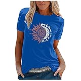 BOLANQ Damen Blusen Für Sommer Sonne-und-Mond-Print lockeres bequemes Rundhals-Kurzarm-Oberteil Fließendes Obergurt Krawattenoberteil Männershirts Weißes Herbst Wickelob