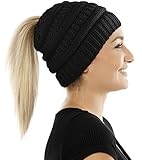 Balinco Damen & Mädchen Strickmütze mit Zopfloch - gestrickte Wintermütze (5a) (Schwarz)