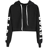 ORANDESIGNE Damen Buchstaben Langarmshirt Hoodie Crop Pullover Tops Sweater Sweatshirt B Schwarz L