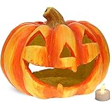 matches21 Jack O' Lantern Halloween Kürbis Windlicht/Laterne Halloweendeko aus Ton 27x23 cm inkl. Flacker LED-T