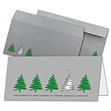 75x Weihnachtskarten-Set DIN Lang in Grau mit grünen Tannenbäumen und Text - Faltkarten mit passenden Umschlägen DIN Lang - Weihnachtsgrüße für F