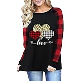 TRIGLICOLEUM Valentinstag Pullover Damen Kariertes Gespleiß Langarmshirt Bluse Klassisches Basic-Shirt Oberteile mit Leoparden Herz Print Frühling Herbst O-Ausschnitt Tunika Sportbekleidung H