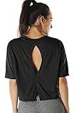 icyzone Damen Fitness Yoga T-Shirt Sport Kurzarm Shirt Casual Loose Rückenfrei Oberteile Crop Top (XL, Black)