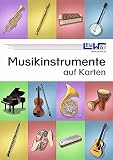 Musikinstrumente auf Karten: Technisch genau gezeichnete Musikinstrumente mit den Instrumentennamen und Instrumentengrupp