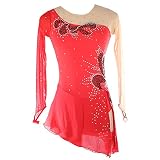 Eiskunstlaufkleid Für Damen Asymmetrische Wettkampfbekleidung Fingerpoint-Ärmel Rollschuh-Tanz-Outfit Mädchen-Ballett-Tanz-Tutu-Trikot Dancewear Maßgeschneiderte Skating-Röcke,Rot,3XL