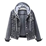 Verwaschene Optik Retro Hoodie Denim Jacke Damen Jeansjacke mit Kapuze Vintage Jean Mantel Übergangs Denim Jacke Slim Fit mit Taschen Metallknöpfe Hoodie Denim Jacket Frühling Herbst Übergangjack