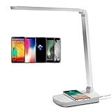 Aigostar LED Schreibtischlampe mit Kabellosem Aufladen, QI-Anschluss für  Mobiltelefone, 5W(13W gleichwertig), 2700K-6400K, 3 Modi Dimming, Trennbares USB-Stromkabel für Anschluss von Notbook, Silb