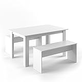 Vicco Tischgruppe 140 x 90 cm - 4 Personen - Esszimmer Esstisch Küche Sitzgruppe Tisch Bank - Bänke flexibel verstaubar (Weiß)