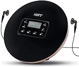 HOTT 711T Wiederaufladbarer tragbarer Bluetooth 5.0 CD Player für zu Hause, Reisen und im Auto mit Stereo-Kopfhörern und Anti-Erschütterungsschutz - Schw