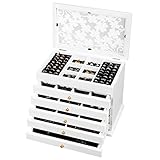 COSTWAY Schmuckkasten mit 5 Schubladen, Schmuckschatulle 6 Ebenen, Schmuckkästchen aus Kiefer, Schmuckkoffer für Ohrringe, Halsketten, Ringe, Schmuckaufbewahrung 30x19×25cm, Schmuckvitrine (weiß)