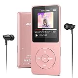 AGPTEK MP3 Player 16GB Bluetooth 5.0 mit Kopfhörer, 1.8 Zoll 70 Stunden Wiedergabezeit Digital Kinder MP3 Player FM Radio, bis 128G SD Karte, Rosag