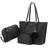 LOVEVOOK Handtasche Damen Shopper Schultertasche Schwarz Umhängetasche Damen groß Damen Tasche Tote für Büro Schule Einkauf Reise Leder Handtasche 3-teiliges Set Schw
