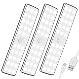 LED Schrankbeleuchtung mit Bewegungsmelder - 30LEDs Schranklicht, Dimmbare Leiste Batterie USB Wiederaufladbar, Unterbauleuchte Nachtlicht für Kleiderschrank Küche Treppen Vitrine Bad - 3 Pack