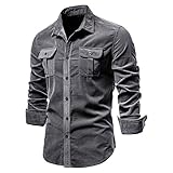 DaDuo Hemd Herren Leichte Langarm Hemden Kent-Kragen Freizeithemden Herren Stehkragenhemden Vintage Hemden Mit Knöpfen Herr Herren Slim Fit Sport Hemd F-Grey M