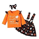 Baby Mädchen Strapskleid Set Rüschen Langarm Strampler T Shirt Top + Overall Strap Rock + Bowknot Stirnband 3pcs Halloween Outfit Casual Daily Wear für 0-24M, Orange, 120