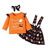 Baby Mädchen Strapskleid Set Rüschen Langarm Strampler T Shirt Top + Overall Strap Rock + Bowknot Stirnband 3pcs Halloween Outfit Casual Daily Wear für 0-24M, Orange, 120