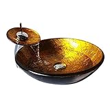 HomeLava Modern Waschbecken Set Rund Gold Gehärtetes Glas Aufsatz Waschschale mit Wasserfall W