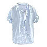 BOLANQ Männer Tops, Herren Baggy Baumwolle Leinen Solide Kurzarm Knopf Retro T Shirts Tops Bluse（Large，Hellblau）