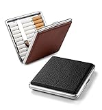 2 X Zigarettenetui Schwarz aus hochwertigem Metall/PU Leder, elegant Zigarettenbox Brown zurückhaltend Dank Brown Applikation aus pu Leder Cigarette Case für 20 Zig