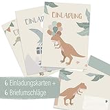 mintkind® Einladungskarten Set zum Kindergeburtstag für Jungen – Geburtstags-Einladung für Kinder im Dinosaurier Design | 6 Karten mit 3 Motiven + 6 passende Umschläg