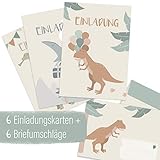 mintkind® Einladungskarten Set zum Kindergeburtstag für Jungen – Geburtstags-Einladung für Kinder im Dinosaurier Design | 6 Karten mit 3 Motiven + 6 passende Umschläg