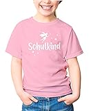 MoonWorks® Kinder T-Shirt Mädchen Schulkind Zauber-Fee Zauberstab Sterne Geschenk zur Einschulung Schulanfang rosa 122-128 (7-8 Jahre)