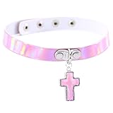 Mode Vintage Kreuz Halskette Laser PU Leder Halsband Halskette Chokerkragen Kette Für Mädchen,Pink