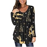 Masrin Weihnachtsbluse Damen Oberteile mit Schneeflocken Print Tunika Tops mit O Ausschnitt und Langen Ärmeln Plissierter Pullover mit unregelmäßigem Saum Knopfdekor Slim T Shirt Herbst Lang