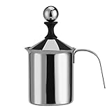 Milchaufschäumer Manuell Edelstahl 400ml Perfekter Milchschaum dank Doppeltem Sieb und Speziellem Drückmechanismus Milchschäumer für Cappuccino Foamer C