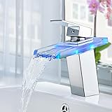 Auralum LED Glas Wasserhahn Wasserfall Waschtischarmatur Bad Armatur Waschbeckenarmatur Einhebelmischer Badarmatur mit 3 x Farbewechsel Beleuchtung für B