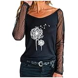 PWKNRD Langarmshirts Oberteile Damen Langarm Tunika mit Spitze Sweatshirt Casual Lose Pullover Sexy Elegant Blusenshirt Einfarbig Longshirt Löwenzahn Druck Bluse Tops Jumper für Frühling Herb