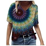 T-Shirt Damen Bluse Tops Oberteile Frühling Sommer Lose Casual Basic Oversize Hemd Teenager Mädchen und Frauen mit Blumen Motiv Vintage Boho Damen V-Ausschnitt Bedruckt Kurzarm Casual Top