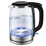 Bonsenkitchen Glas Wasserkocher, 1.7L 2200 W Elektrischer Wasserkessel, mit Blau LED-Beleuchtung, Automatische Abschaltung und Überhitzungsschutz, 304 Edelstahl Innendeckelund -boden (BPA-frei)