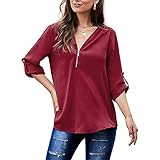 FrüHling Und Sommer Frauen LäSsig Lose V-Ausschnitt ReißVerschluss Einfarbig FüNf-Punkt-ÄRmel Pullover T-Shirt F