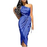 Sommerkleid für Hochzeitsgäste Frauen One Shoulder Wickelkleid mit Gürtel Einfarbig Hoher Schlitz Midi Bodycon Partykleid Damen Sexy Clubnight Cocktail Mini Bleistift Etuikleider, A-Blau, XL