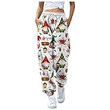 C'est Damenhose Elegant Jogginghose Weihnachten: Sporthose Freizeithose High Waist Sports Pants Trainingshose mit Taschen Weites Bein Haremshose mit Kordelzug