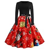 Damen Weihnachts Langarm O-Ausschnitt Druck Vintage Kleid Partykleid Christmas Kostüm Cosplay Christmas Print Langarm 50er Jahre Kleid Weihnachtsmann Elch Print Party Swing Kleid Weihnachtsk