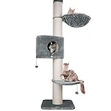 Happypet® Kratzbaum XXL deckenhoch mit großer Höhle | 250-275 cm | extra Stabiler Deckenspanner | 17 cm Dicke Sisalstämme | 45 cm Liegemulde | geprüfte E1 Holzplatten | Main Coon | GRAU