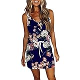 KGLHTYU Sommer Strandkleider Damen Sommerkleid V-Ausschnitt Streifen Freizeitkleid Casual Kurzarm Tunika Sexy Minikleid Elegant Kordelzug Blusenkleid Blumenmuster Frühling