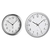 TFA Dostmann Analoge Funkwanduhr, mit Aluminium-Rahmen, Funkuhr, weiß, 98.1091 & Analoge Funk-Wanduhr, 60.3522.02, mit Sekundenzeiger, Glasabdeckung, großes Ziffernblatt, 30cm Durchmesser, Silb