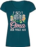 Oma Geschenk - So Sieht die Beste Oma der Welt aus - weiß - L - Türkis - personalisierter Tshirt oma xs - XO1525 - Damen T-Shirt mit V