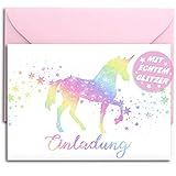 12x GLITZER Einladungskarten für Kindergeburtstag mit pastell rosa UMSCHLÄGEN | Regenbogen Einhorn | Mädchen & Jungen | Geburtstagseinladungen Party Einladungen Geburtstag Kinder Pferde Stern G