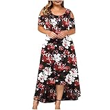 WANGTIANXUE Damen Kleid Sommerkleid Blumenmuster Midikleid O-Ausschnitt Schulterfrei Kurzarm Blusenkleid lässige Party Kleider Strandkleid Elegant Lose Damenkleid Streetkleid Urlaub Festk