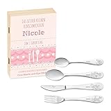 Murrano Kinderbesteck Set mit Gravur + Holzbox mit Aufdruck - Disney Mickey - aus Edelstahl - Braun - Geschenk für Mädchen zum Geburtstag zur Taufe Geburt - kleine Feinschmeck
