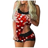 Nachtwäsche Set Damen Ärmellos Pyjama mit Shorts Kurz Schlafanzug Zweiteilige Valentinstag Reizwäsche Spitze Lingerie Cami Negligee + Slip Rot Lippe/Herz Druckt Hausanzug Sexy D