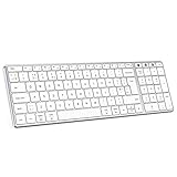 Aluminium-Bluetooth-Tastatur, kabellose Bluetooth-Tastatur, Dual-Modus, für mehrere Geräte, wiederaufladbar, volle Größe, UK-Layout, kompatibel mit Windows OS, iOS, Android, weiß und silb