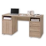 PRIMUS 2 Schreibtisch mit Schubladen, Sonoma Eiche Optik - Bürotisch Computertisch fürs Homeoffice mit Stauraum und offenen Ablagefächern - 145 x 74 x 65 cm (B/H/T)