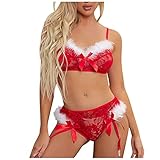 SSLLM Damen Reizwäsche Zweiteiler Spitze Sexy Lingerie Babydoll Schlafanzug mit Plüsch Spaghetti Träger Nachtwäsche Negligee Transparents Erotik Dessous Set Weihnachts Cosplay Dessous-S
